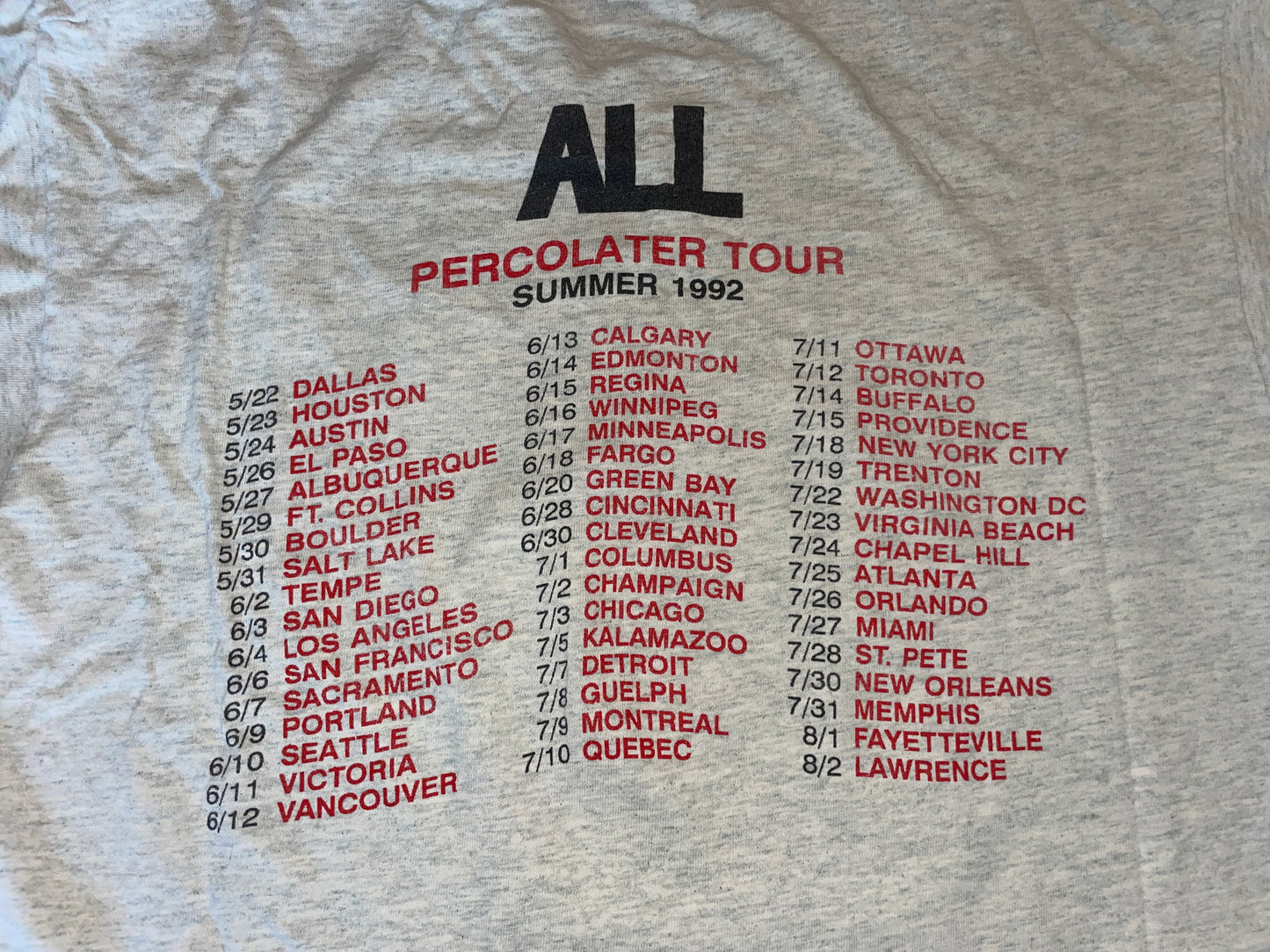 Vintage 1992 All Percolater Tour T-Shirt